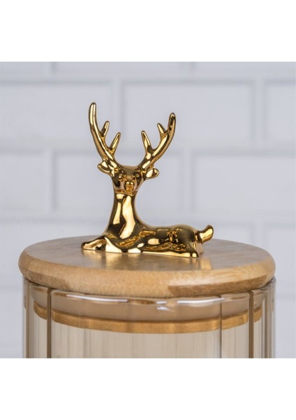 Küçük Boy Geyik Desenli Cam Kavanoz, Ahşap Kapak, Silikonlu Sıkıştırma, Hava Geçirmez