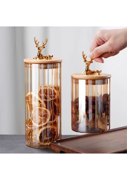 Küçük Boy Geyik Desenli Cam Kavanoz, Ahşap Kapak, Silikonlu Sıkıştırma, Hava Geçirmez