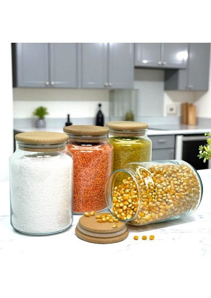 4'lü Ahşap Kapaklı Cam Saklama Kavanozu Seti 800 Ml, Renkli indirimleri