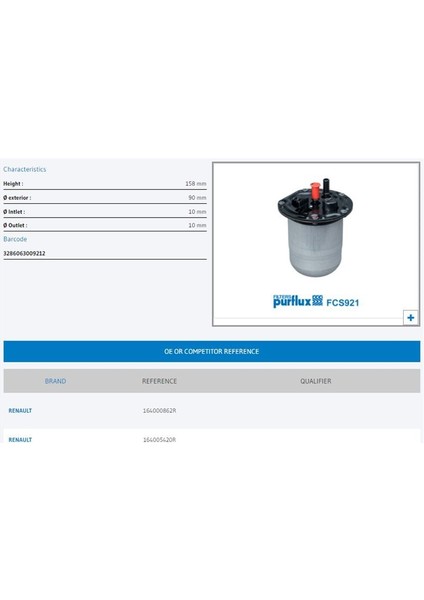 PURFLUX-FCS921 - Mazot Fıltresı Clıo Iv Dokker Duster Iı Lodgy Kangoo Iv Symbol Iı Note E121.5 K9K ( Mercedes OM607 / W415 Cıtan ) Nıssan: Mıcra 1.5 Dcı 17> / Note 1.5 Dcı 14>)
