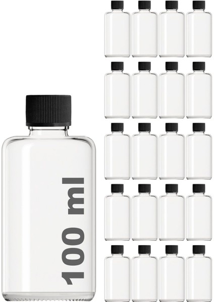 100 ml Şeffaf Cam Şişe, Siyah Kapak, Sızdırmaz, Paket 20 Adet, Renk Turuncu