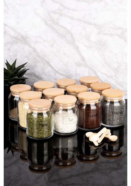 12'li Ahşap Vakum Kapaklı Cam Baharatlık Seti, 300 Ml, Kaşıklı, Şeffaf Etiketli