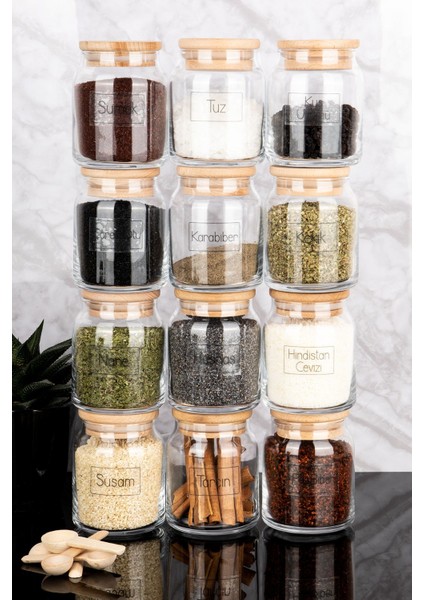 12'li Ahşap Vakum Kapaklı Cam Baharatlık Seti, 300 Ml, Kaşıklı, Şeffaf Etiketli fiyatları