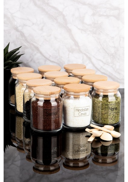 12'li Ahşap Vakum Kapaklı Cam Baharatlık Seti, 300 Ml, Kaşıklı, Şeffaf Etiketli modelleri
