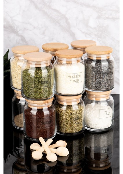 12'li Ahşap Vakum Kapaklı Cam Baharatlık Seti, 300 Ml, Kaşıklı, Şeffaf Etiketli fırsatları