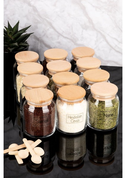 12'li Ahşap Vakum Kapaklı Cam Baharatlık Seti, 300 Ml, Kaşıklı, Şeffaf Etiketli indirimleri
