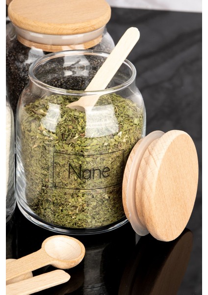 12'li Ahşap Vakum Kapaklı Cam Baharatlık Seti, 300 Ml, Kaşıklı, Şeffaf Etiketli