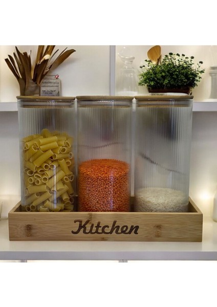 3'lü Çizgili Cam Kavanoz Bambu Stantlı Vakumlu Kapaklı 1300 ml