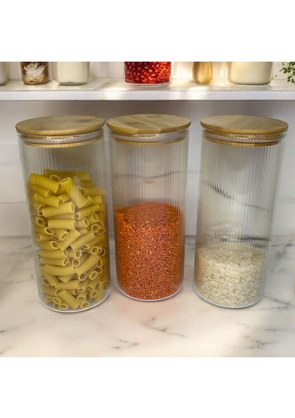 3'lü Çizgili Cam Kavanoz Bambu Stantlı Vakumlu Kapaklı 1300 ml fiyatları