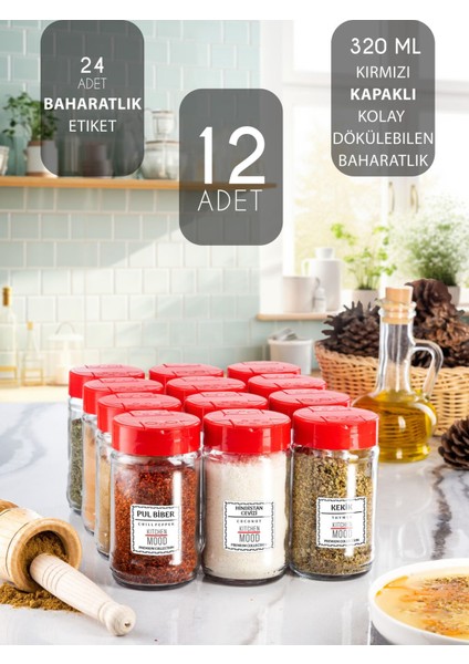 12'li Kırmızı Kapaklı Cam Baharatlık Seti ve Etiketli 320 ml Koleksiyonu