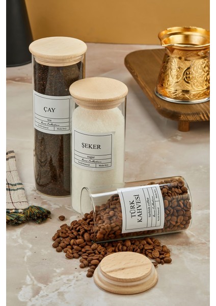 3'lü Ahşap Kapaklı Saklama Kabı Seti, Çay, Şeker ve Kahve Için 100/7500/500 ml modelleri