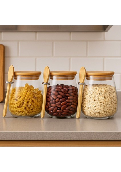 3lü Cam Baharat Kavanoz Seti, Bambu Kapak, 1000 Ml, Şeffaf, Şık ve Kullanışlı