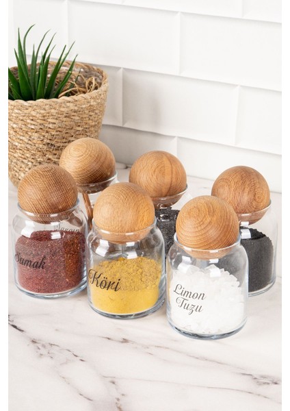 6'lı Cam Baharatlık Seti, Şeffaf Kapaklı, 300 Ml, Etiketli Saklama Kabı