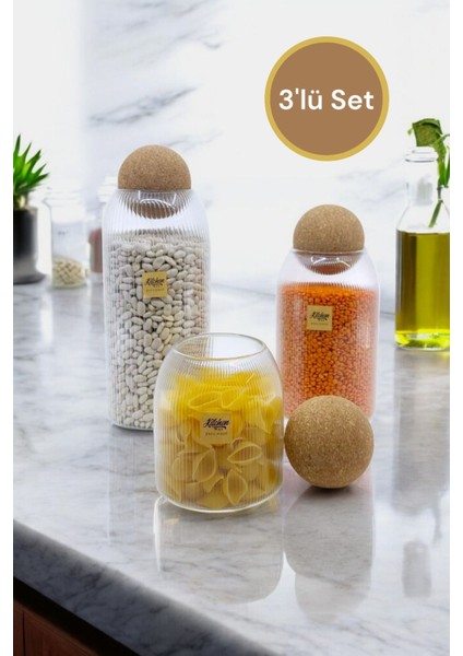 Çizgi Desenli 3'lü Cam Kavanoz Takımı, Baharatlık ve Saklama Seti