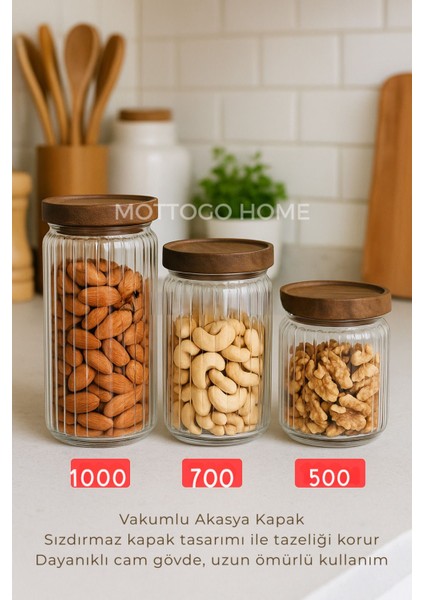 Kapaklı Cam Kavanoz Seti 3'lü, 500 Ml, 700 ml ve 1000 Ml, Kahverengi Renk