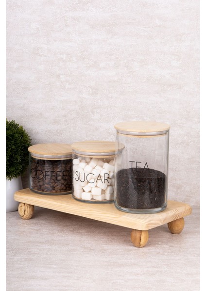 3'lü Bambu Vakum Kapaklı Cam Kavanoz Seti Ahşap Stantlı ve Etiketli Çok Amaçlı Saklama Kabı