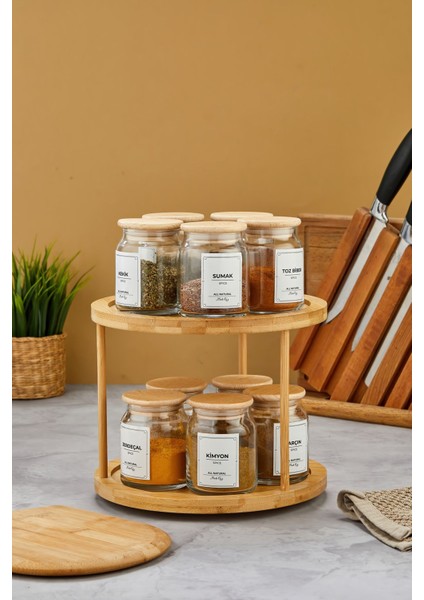 10'lu Ahşap Vakum Kapaklı Döner Bambu Standlı Cam Baharatlık Seti 300ML