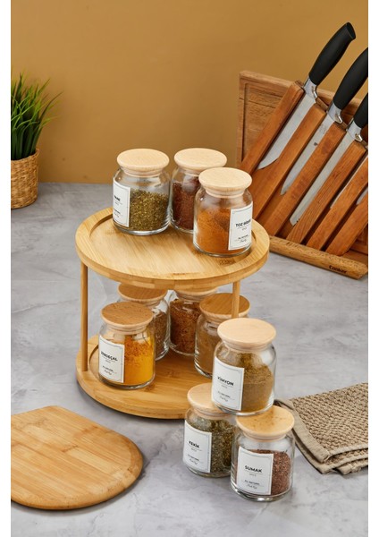 10'lu Ahşap Vakum Kapaklı Döner Bambu Standlı Cam Baharatlık Seti 300ML fiyatları