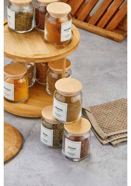 10'lu Ahşap Vakum Kapaklı Döner Bambu Standlı Cam Baharatlık Seti 300ML modelleri