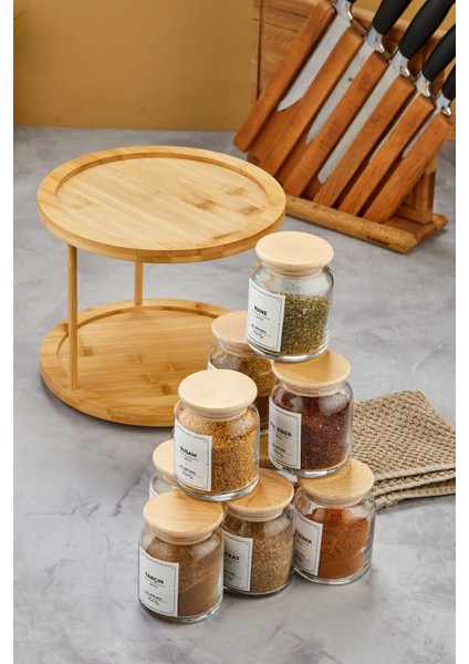 10'lu Ahşap Vakum Kapaklı Döner Bambu Standlı Cam Baharatlık Seti 300ML fırsatları