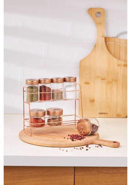 8'li Bakır Baharat Takımı, Cam Standlı, Şık ve Dayanıklı Tasarım