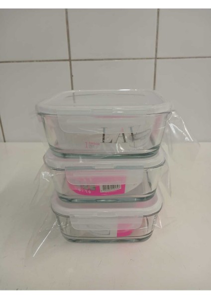 Cam Kilitli Saklama Kabı 3’lü Set, 1150CC, Kare, Beyaz