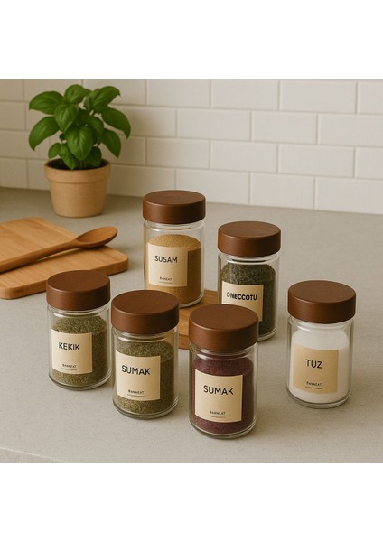 Altı Parça Cam Baharatlık Seti, Kapak ve Etiketli, 240 ml Kapasiteli fiyatları