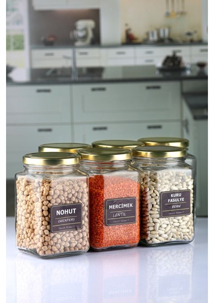 6'lı Gold Kapaklı 1600 cc Köşeli Cam Baharat ve Bakliyat Kavanozu