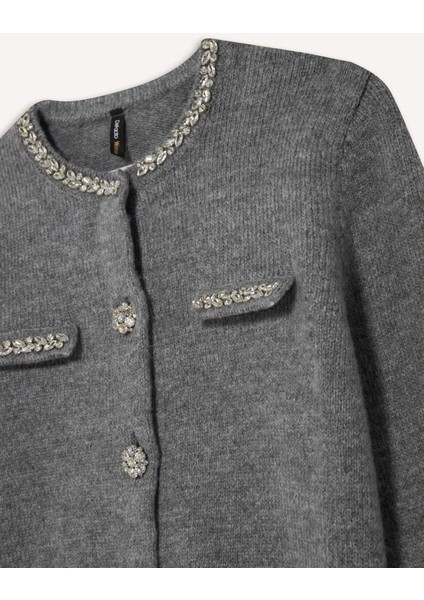 Regular Fit Bisiklet Yaka İşlemeli Triko Hırka F3896AX25WN