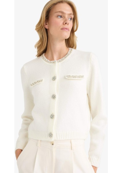 Regular Fit Bisiklet Yaka İşlemeli Triko Hırka F3896AX25WN