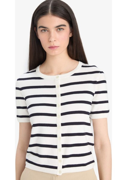 Regular Fit Bisiklet Yaka Çizgili Kısa Kollu Triko Hırka D6268AX25AU