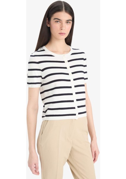 Regular Fit Bisiklet Yaka Çizgili Kısa Kollu Triko Hırka D6268AX25AU modelleri