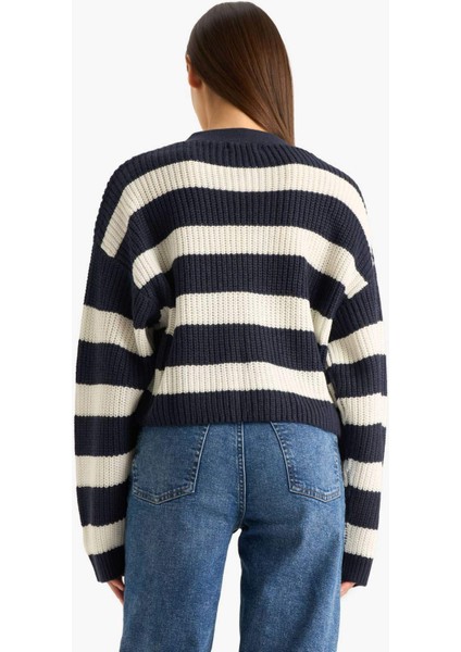 Regular Fit V Yaka Çizgili Düğmeli Triko Hırka