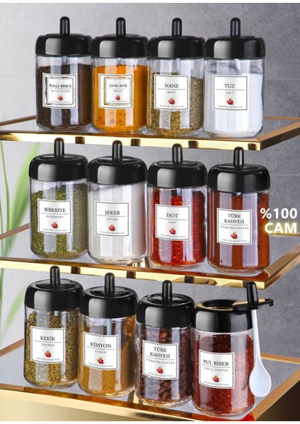 Kendinden Kaşıklı Uzun Baharatlık Seti, 12 Parça, Şık ve Kullanışlı Organize Seti