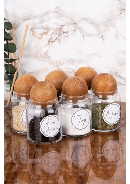 6'lı Cam Baharatlık Seti, Ahşap Kapaklı, Etiketli, Dekoratif ve Hediye Seçeneği