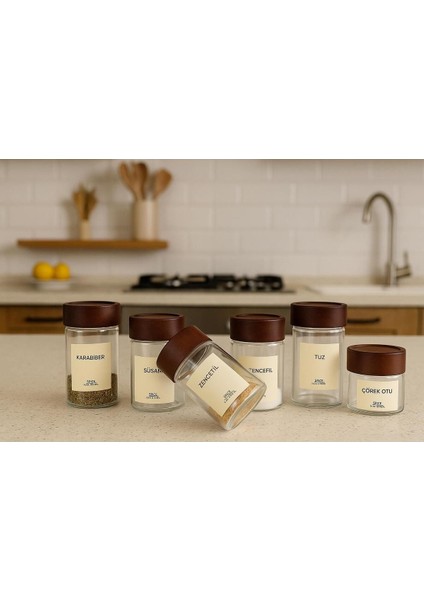6'lı Akasya Kapaklı Cam Baharatlık Seti, 240 Ml, Etiketli, Şık ve Kullanışlı.