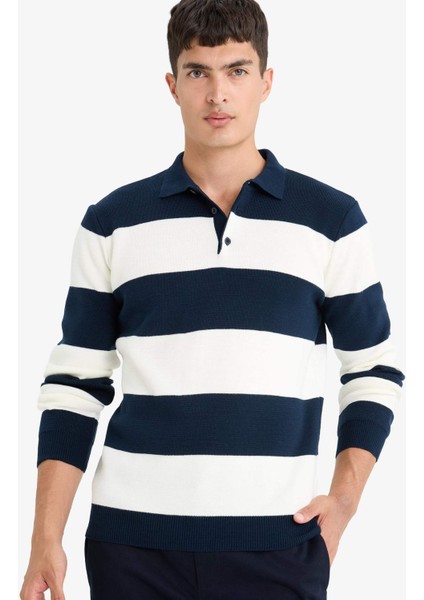 Standart Fit Polo Yaka Düğmeli Renk Bloklu Triko Kazak Y4194AZ25WN