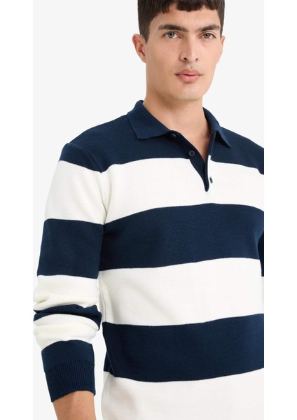 Standart Fit Polo Yaka Düğmeli Renk Bloklu Triko Kazak Y4194AZ25WN fırsatları