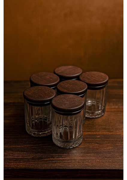 6'lı Ahşap Kapaklı Cam Baharatlık Seti, Vakumlu, 210 ml