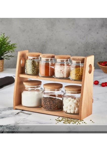 Şık 8 Parça Bambu Standlı Cam Baharatlık Seti, Estetik ve Fonksiyonel Saklama Çözümü