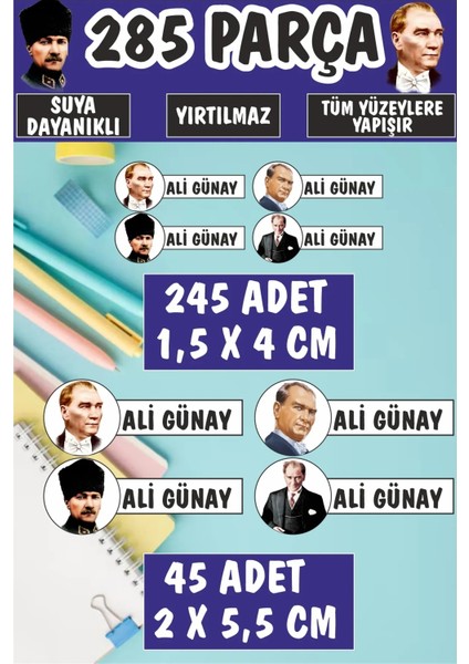Okul Etiketi Kalem Defter Etiketi Atatürk Temalı Özel Isimli Etiket 4 Figür - 285 Adet