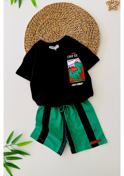 Stay Cool Dinazor Baskılı Erkek Çocuk şortlu takım - Yeşil