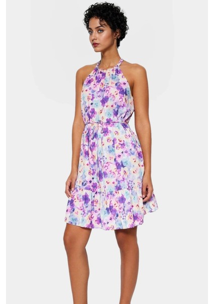 Şifon Kumaşlı Çiçekli Mini Elbise Rahat Günlük Stil Halter Yaka Mükemmel Uyum Trend Tasarım