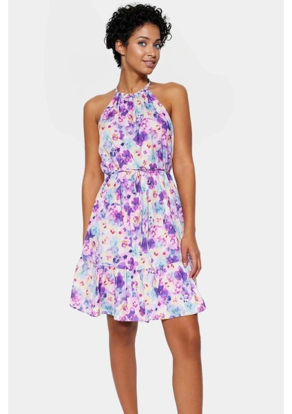 Şifon Kumaşlı Çiçekli Mini Elbise Rahat Günlük Stil Halter Yaka Mükemmel Uyum Trend Tasarım modelleri