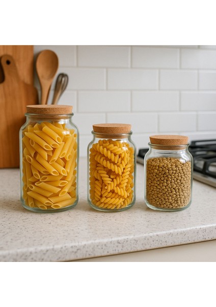 Yeşil Mantar Kapaklı Kavanoz Seti 3'lü, 575-860-1130 Cc, Şık ve Kullanışlı Mutfak Gereci