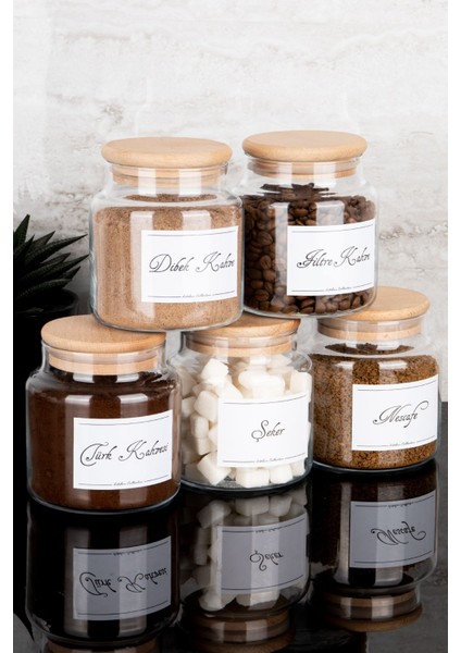 5'li 500ML Ahşap Kapaklı Kahve ve Şeker Kavanoz Seti Bej Renk