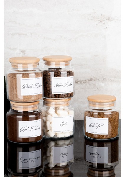 5'li 500ML Ahşap Kapaklı Kahve ve Şeker Kavanoz Seti Bej Renk indirimleri