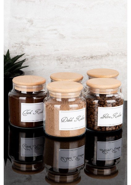 5'li 500ML Ahşap Kapaklı Kahve ve Şeker Kavanoz Seti Bej Renk