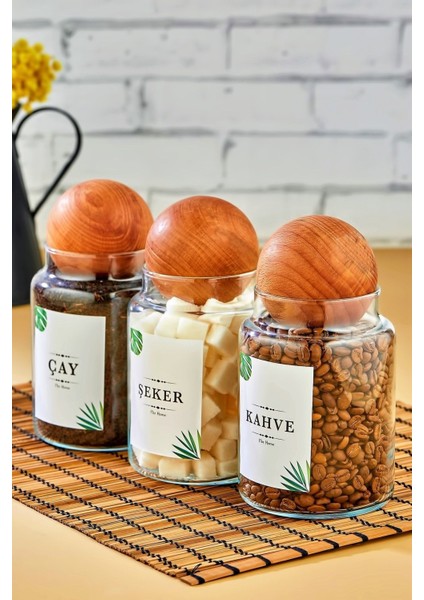 3'lü Ahşap Kapaklı 800 ml Saklama Kabı Seti, Çay, Şeker, Kahve Için Uygun