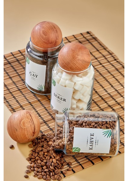 3'lü Ahşap Kapaklı 800 ml Saklama Kabı Seti, Çay, Şeker, Kahve Için Uygun modelleri
